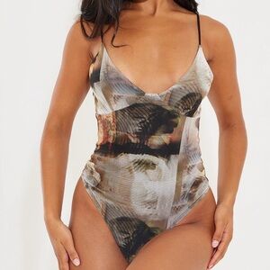 PrettyLittleThing Mesh Abstract Renaissance Print Bodysuit